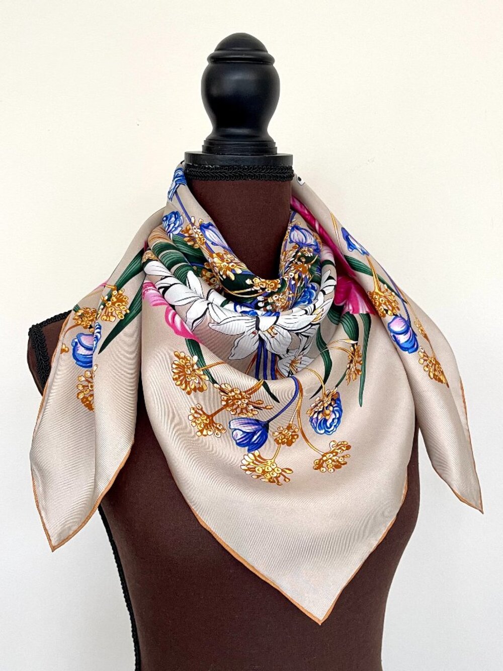 Display #4 Salvatore Ferragamo Pink Floral Silk Scarf with Gold Accents - Picture 9 of 12